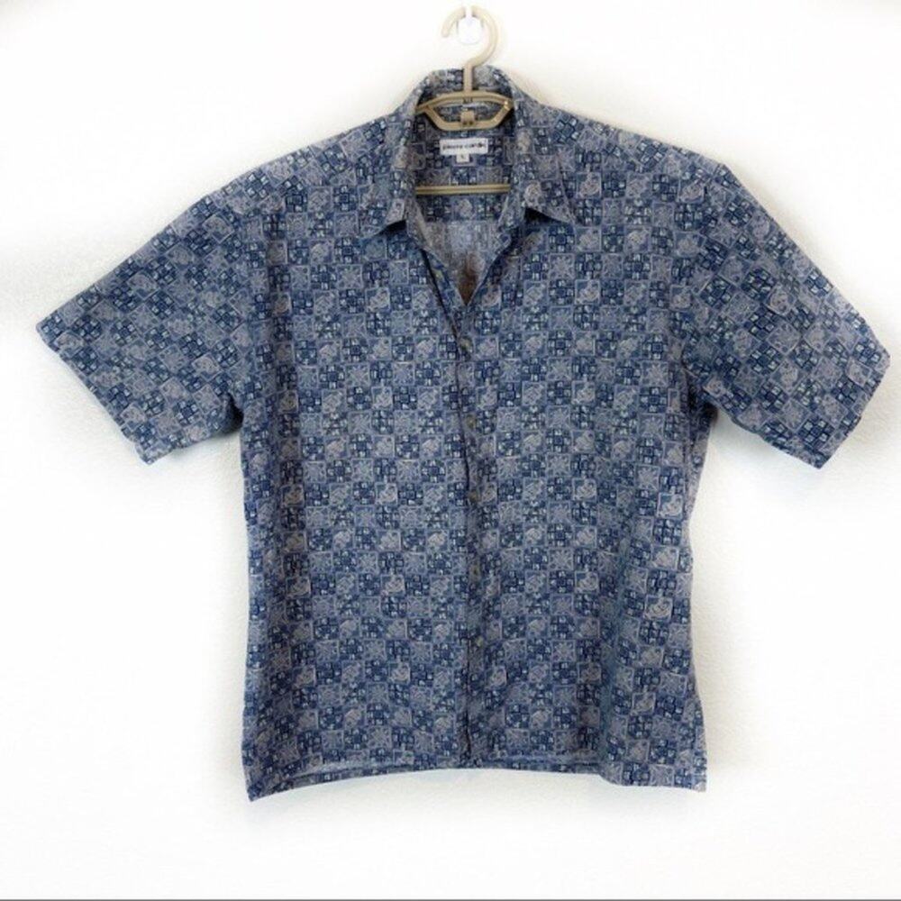 Pierre Cardin Shirt Retro Tropical Fish Sun Batik Button Up L Vintage Blue Tan